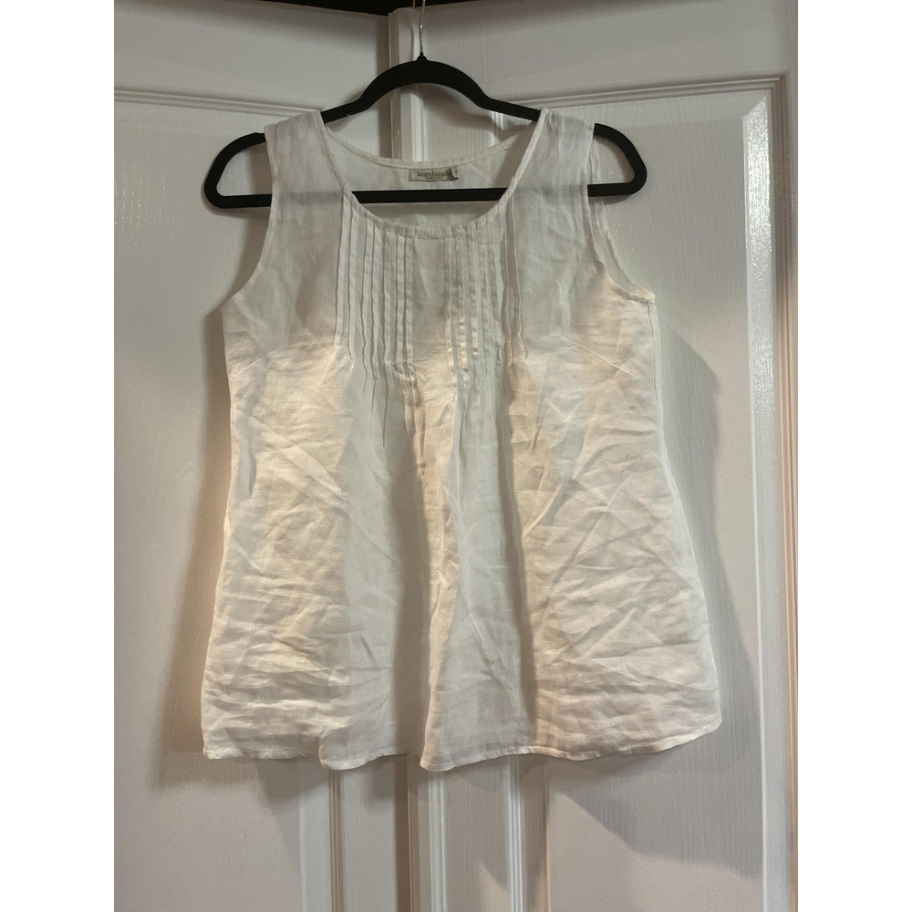 Laura Bianchi Tank Top Womens S White Linen Scoop Neck Pleated Made In Italy